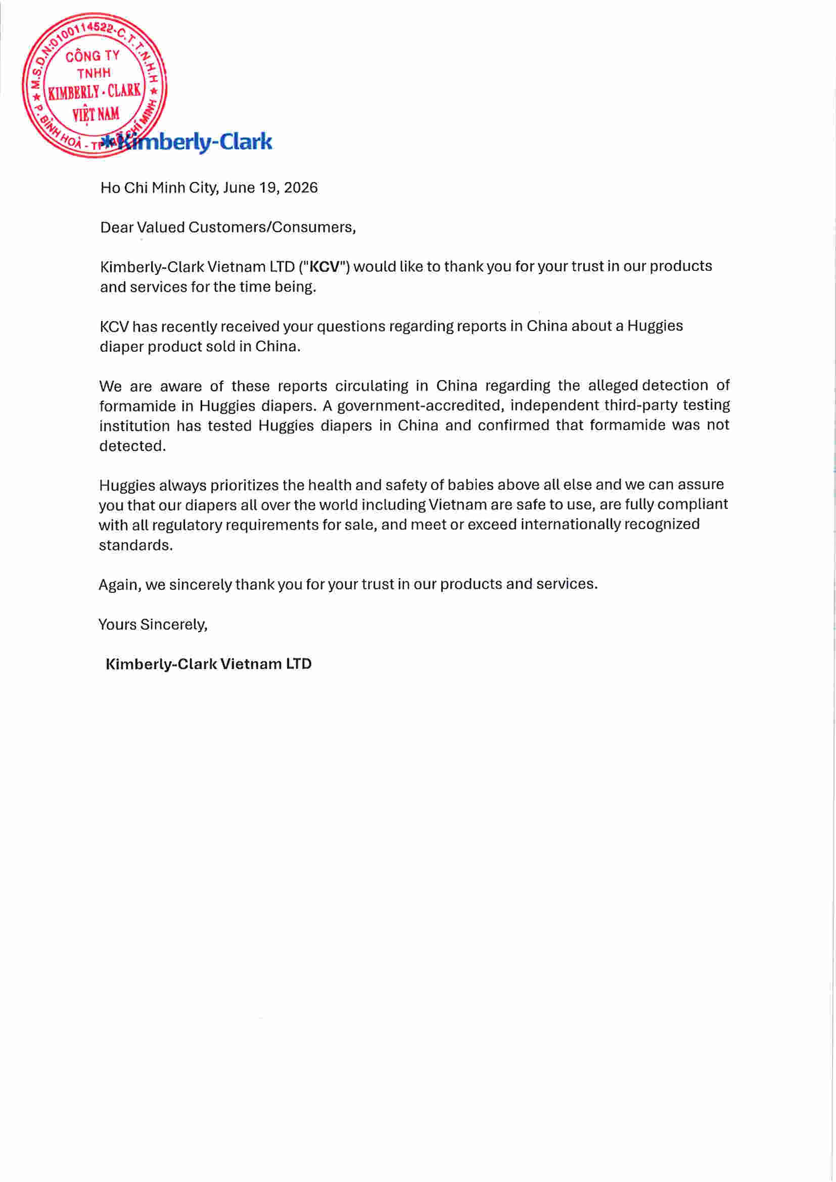 Signed Letter to Customer on Huggies Product Formamide v3 Eng ver
