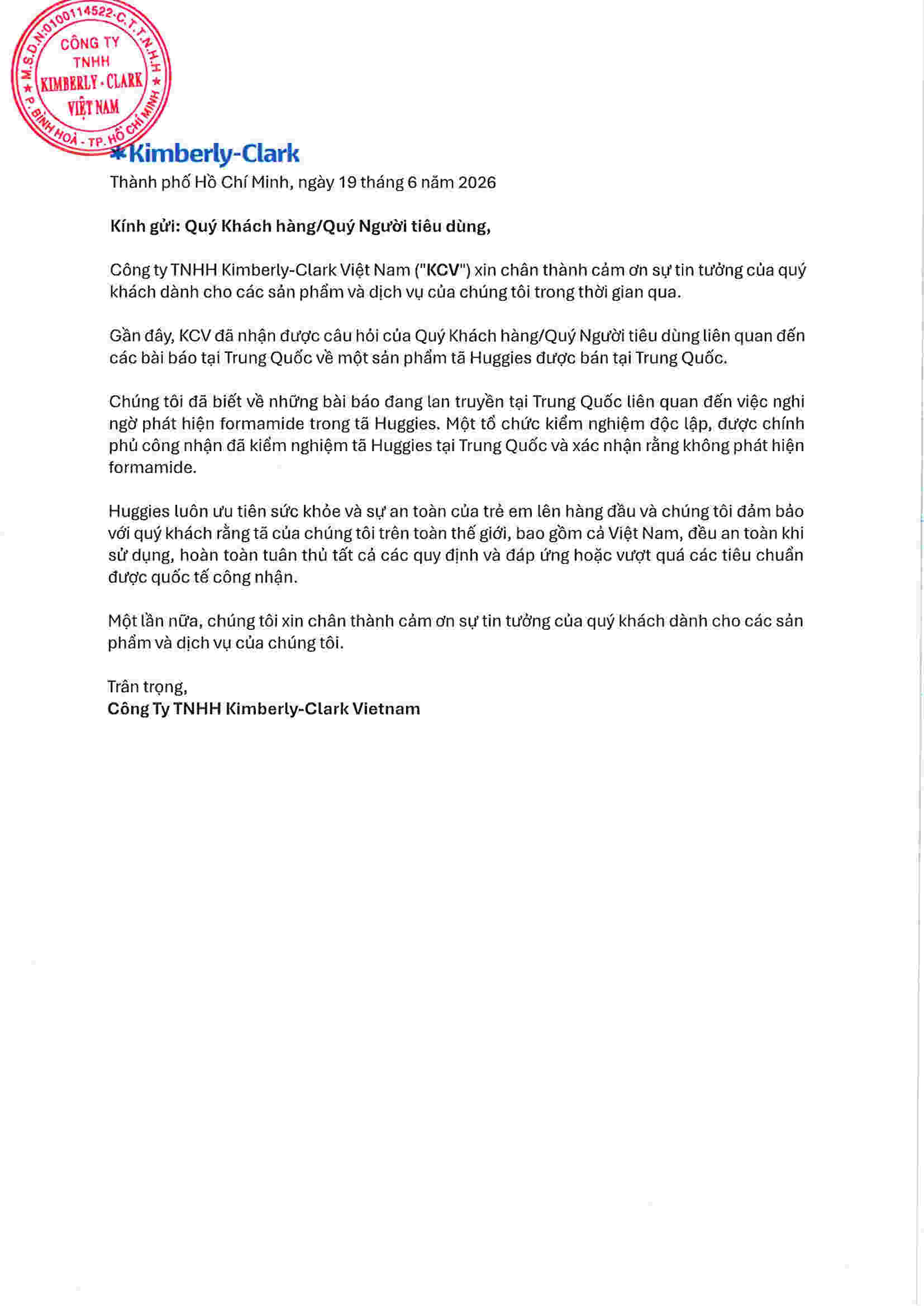 Signed Letter to Customer on Huggies Product Formamide v3 Vi ver