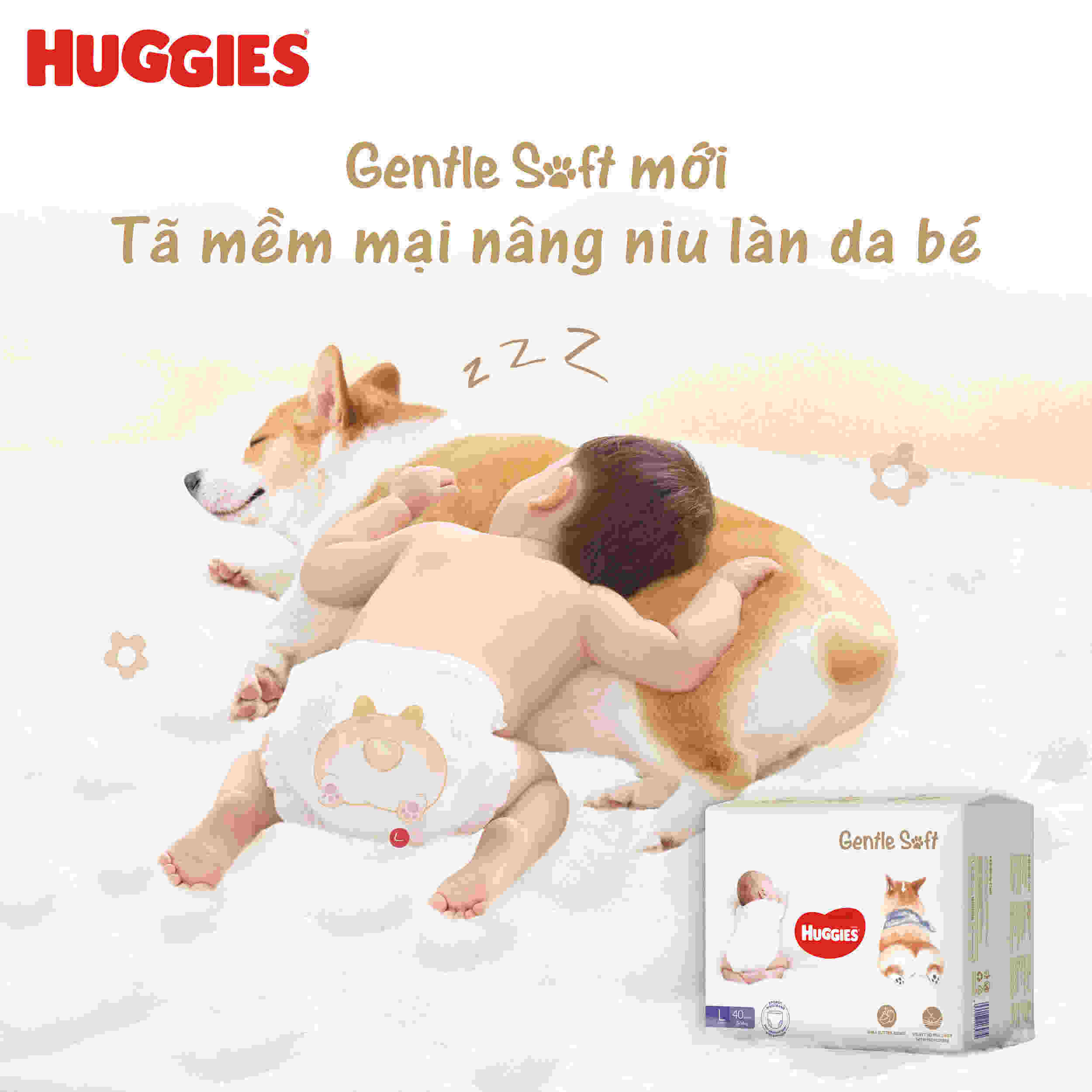 Bỉm Huggies Gentle Soft Corgi mềm mại nâng niu làn da mỏng manh của bé