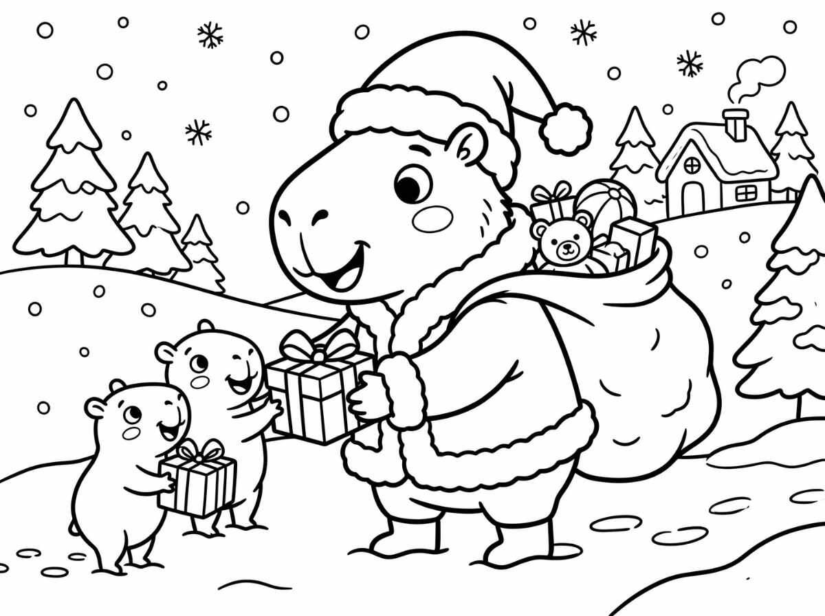 tranh tô màu capybara giáng sinh 1
