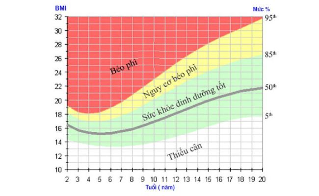 Biểu đồ chỉ số BMI đánh giá trẻ bị suy dinh dưỡng hay thừa cân, béo phì
