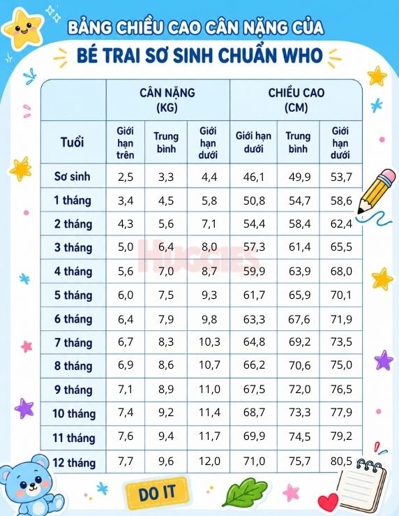 Bảng chiều cao cân nặng chuẩn WHO của bé sơ sinh trai