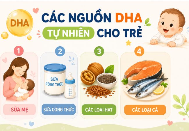 các nguồn DHA cho trẻ gồm sữa mẹ sữa công thức các loại hạt