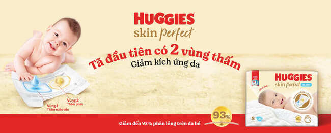 Tã dán sơ sinh Huggies Skin Perfect 2 vùng thấm giảm nguy cơ kích ứng da