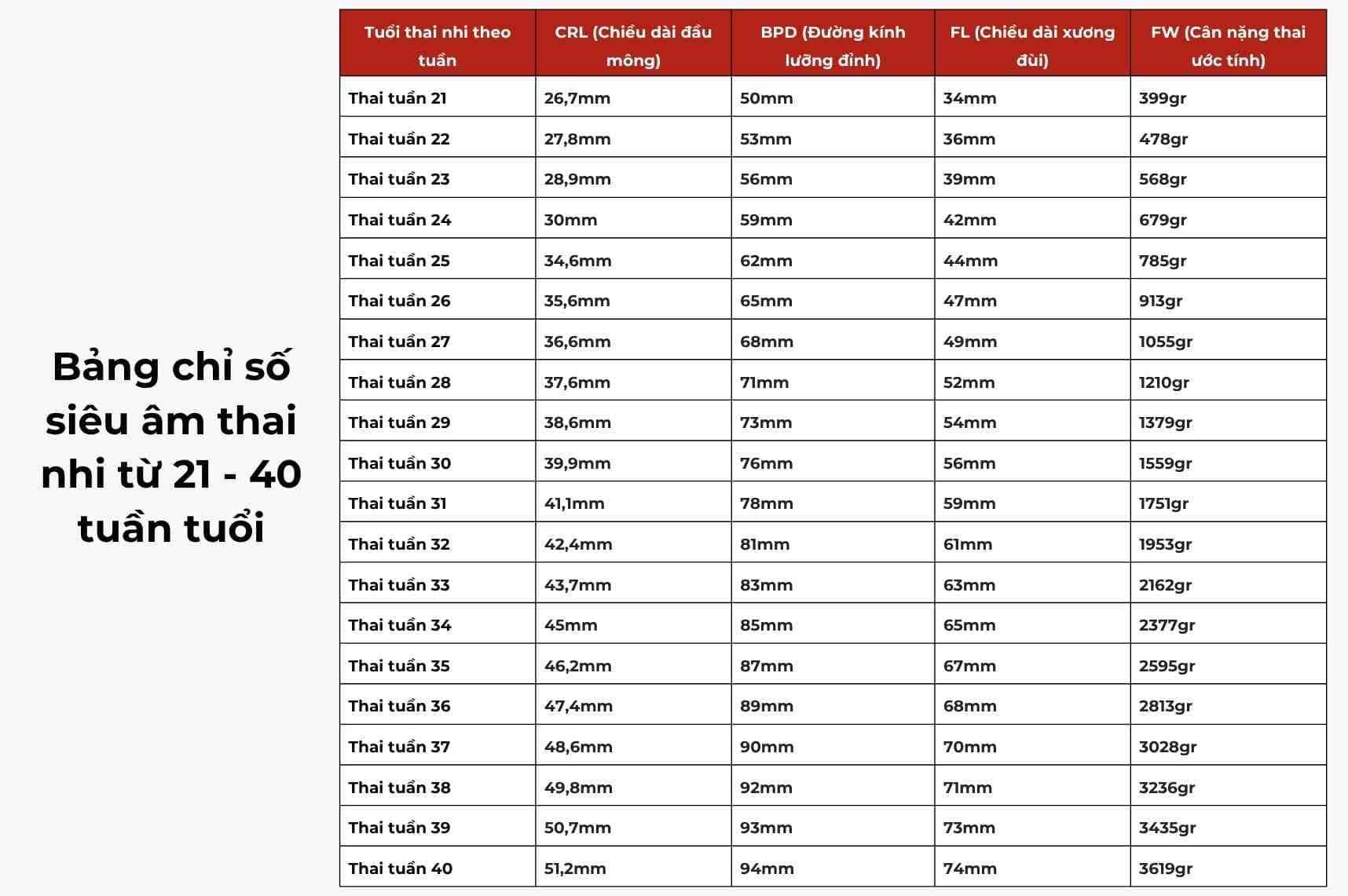 Bảng chỉ số siêu âm thai nhi từ 21 - 40 tuần tuổi theo WHO