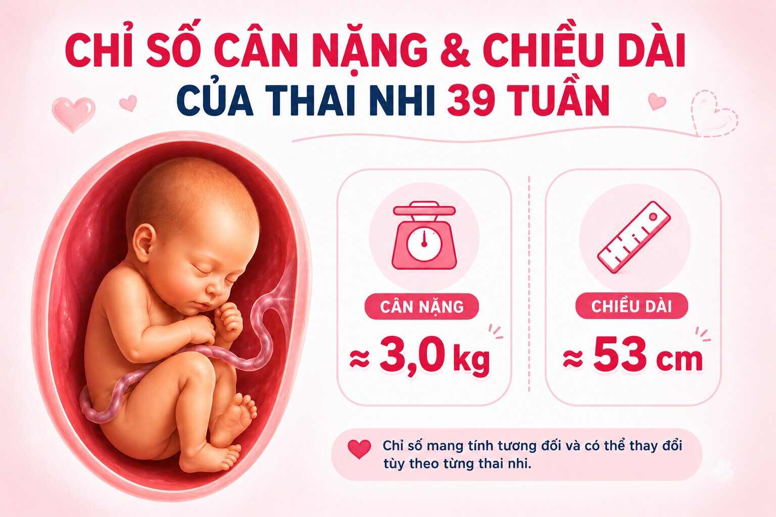 Chỉ số cân nặng, chiều dai thai nhi 39 tuần